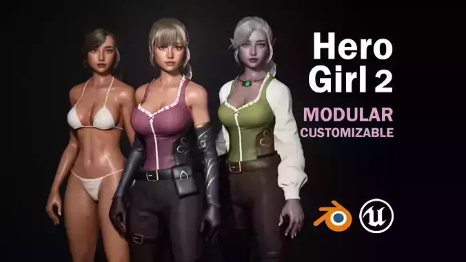 Hero Girl 2 - Customizable Modular Game Ready Low-poly 3D model