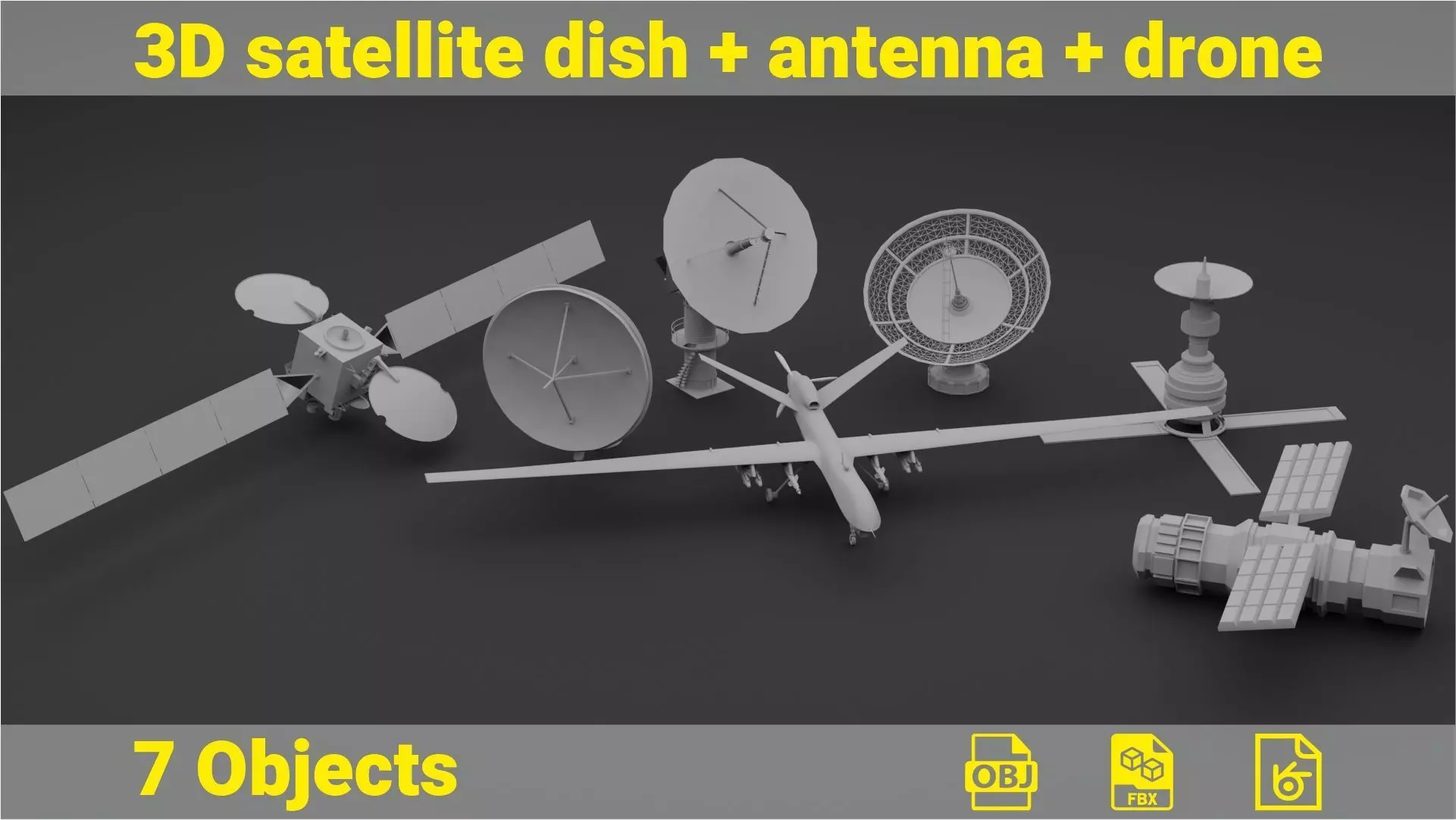 3D Satellite dish and antenna and drone 3D model
