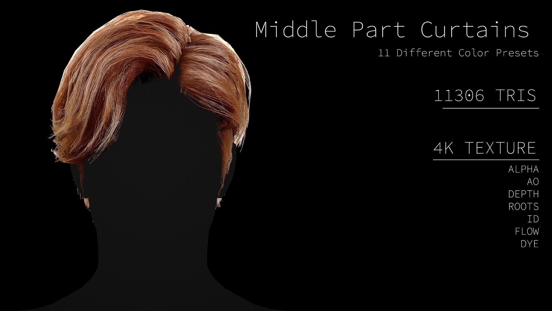 Realtime Hair - Middle part curtains Low-poly 3D model_2
