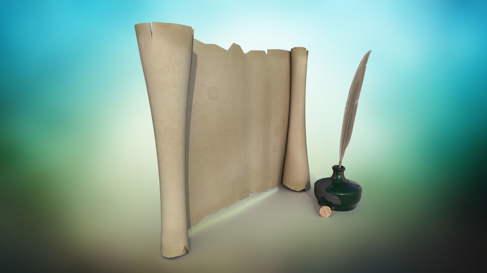 Set of papyrus and inkwell with stopper and quill PBR low-poly Low-poly 3D model_2