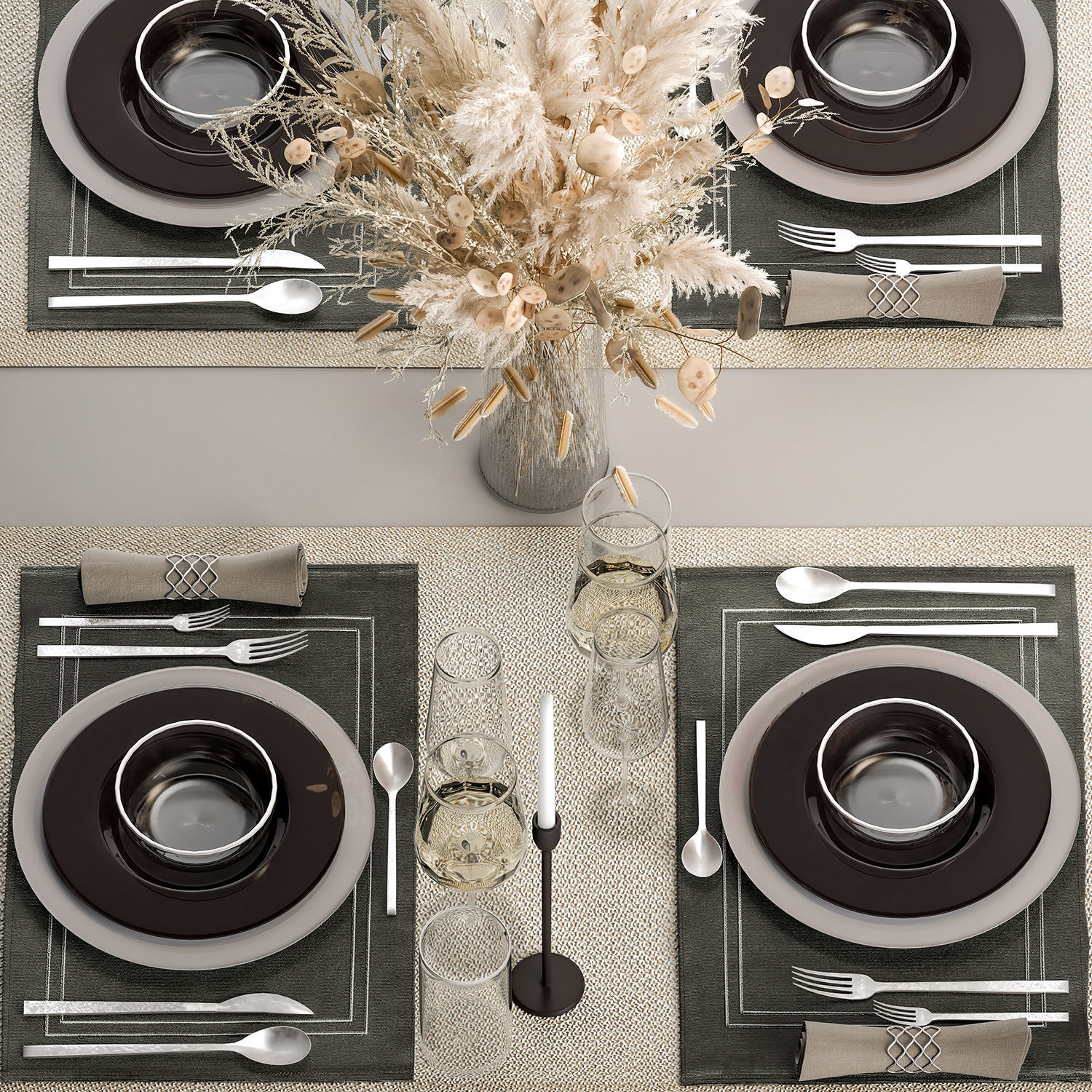 Table Setting With A Bouquet Of Pampas Grass 3D model_2