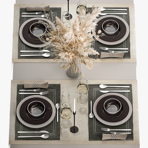 Table Setting With A Bouquet Of Pampas Grass 3D model