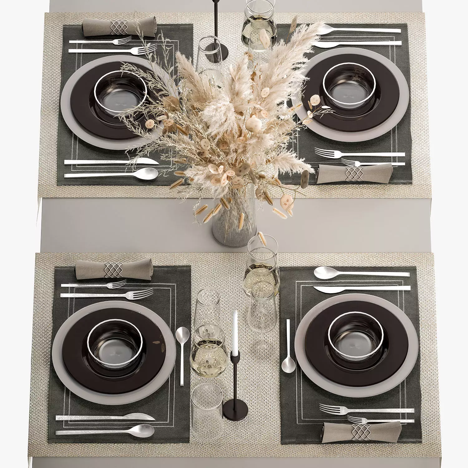Table Setting With A Bouquet Of Pampas Grass 3D model_0