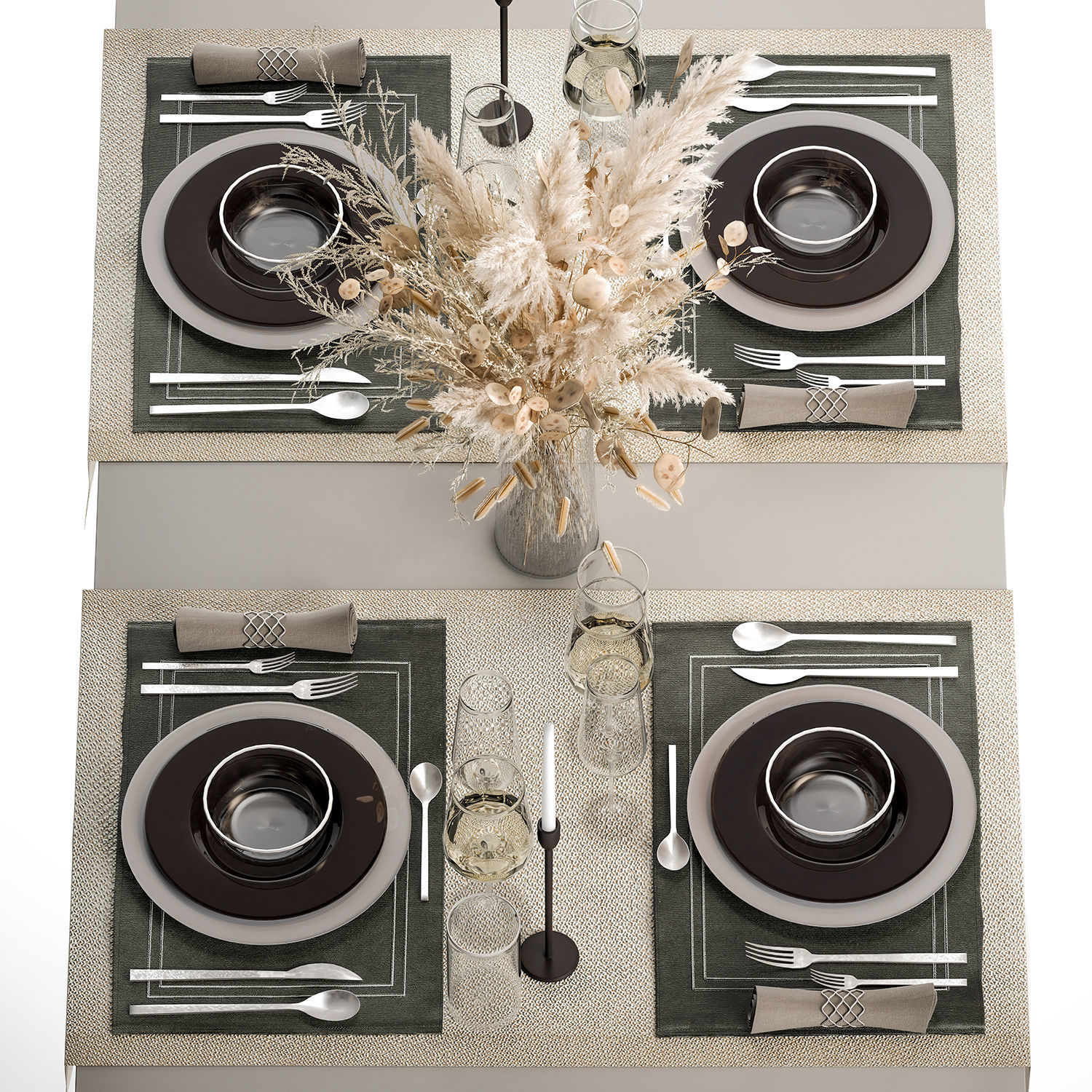 Table Setting With A Bouquet Of Pampas Grass 3D model_4