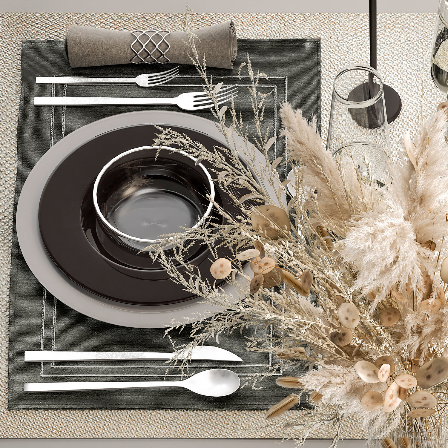 Table Setting With A Bouquet Of Pampas Grass 3D model_5