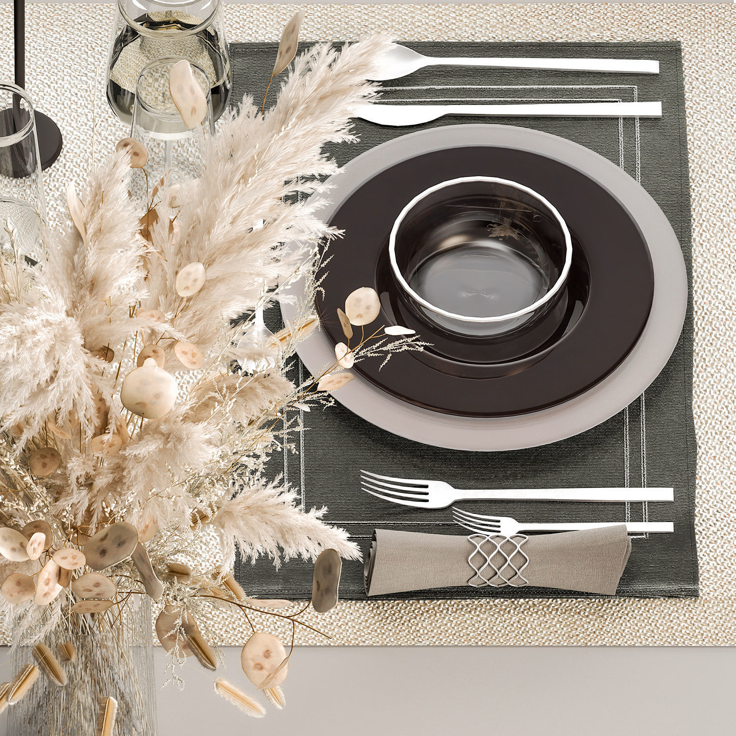 Table Setting With A Bouquet Of Pampas Grass 3D model_3