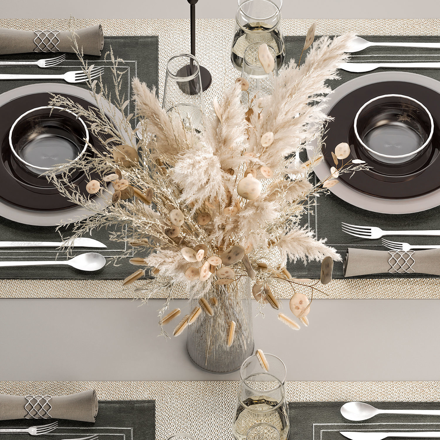 Table Setting With A Bouquet Of Pampas Grass 3D model_1