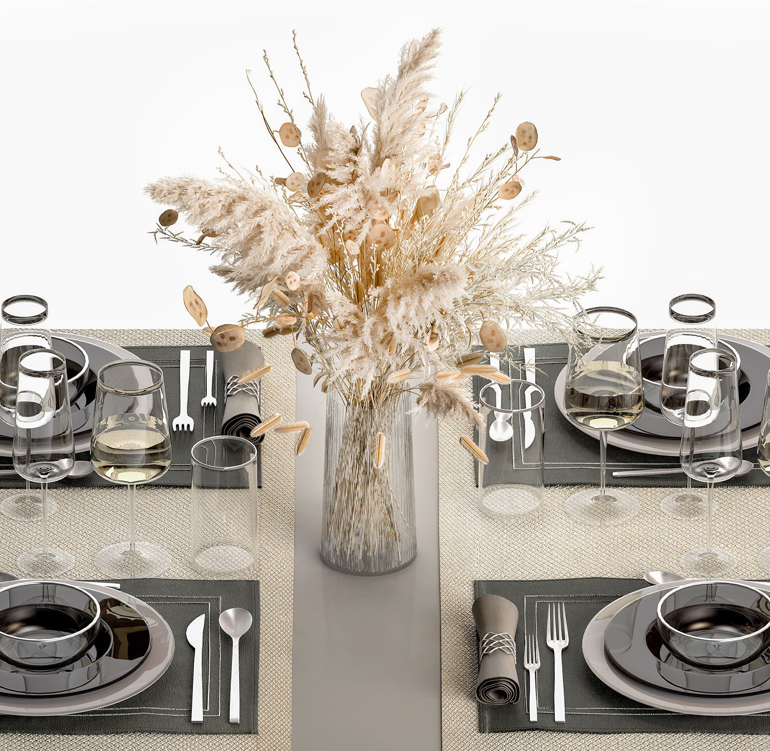Table Setting With A Bouquet Of Dried Flowers 3D model_1