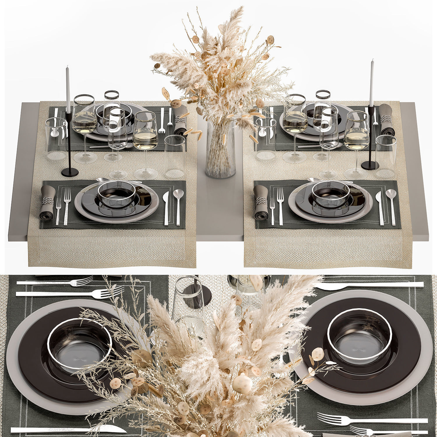 Table Setting With A Bouquet Of Dried Flowers 3D model_6