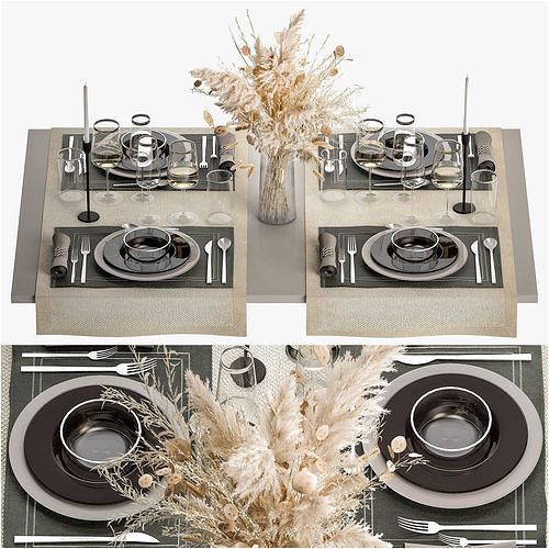 Table Setting With A Bouquet Of Dried Flowers 3D model