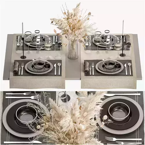 Table Setting With A Bouquet Of Dried Flowers 3D model