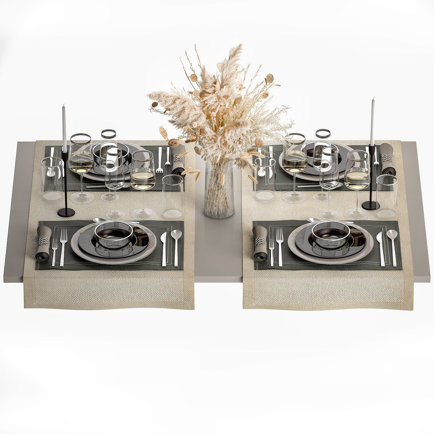 Table Setting With A Bouquet Of Dried Flowers 3D model_3