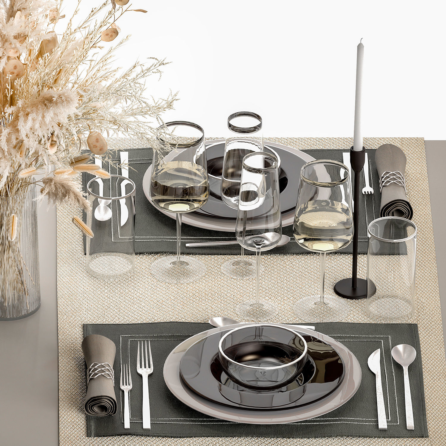 Table Setting With A Bouquet Of Dried Flowers 3D model_5