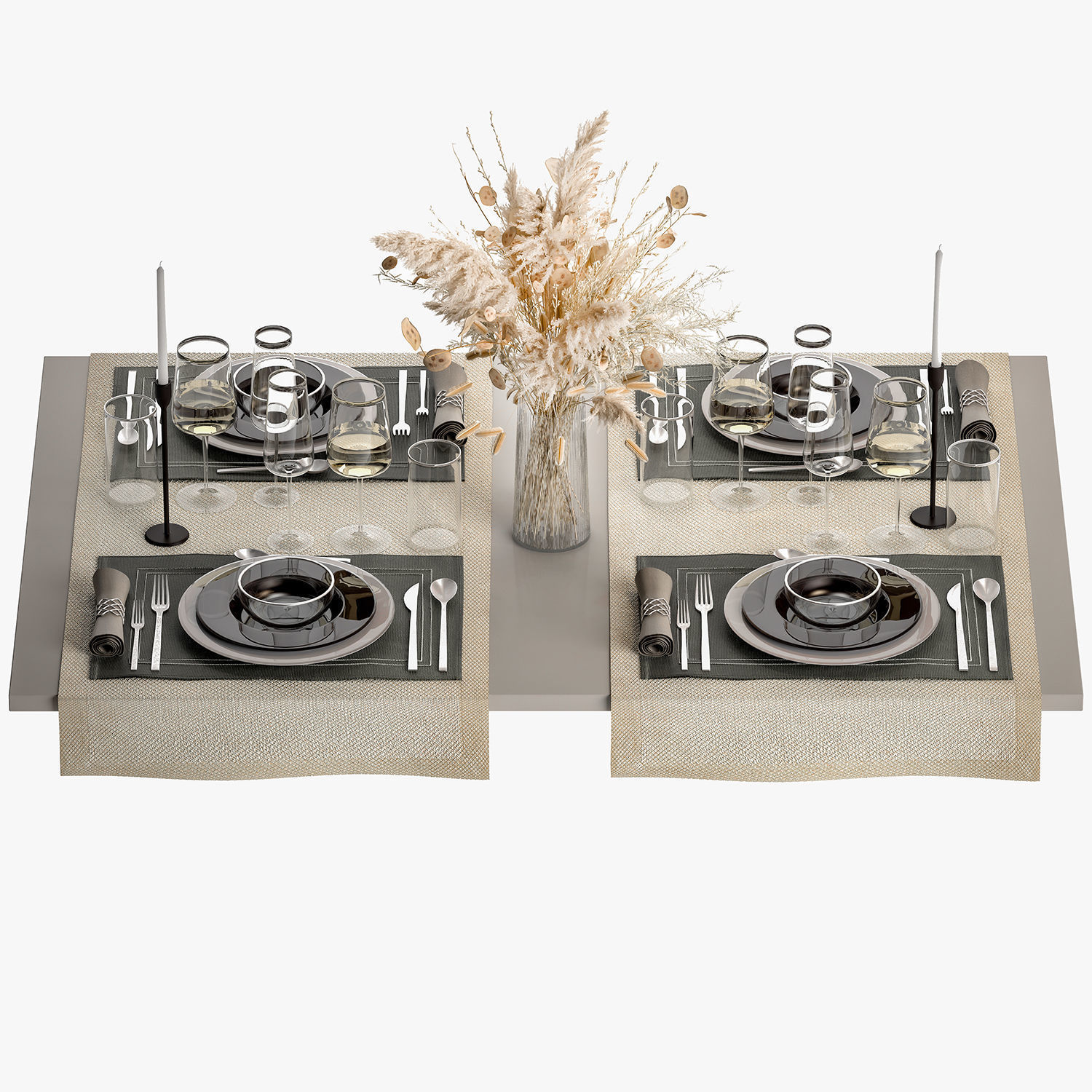 Table Setting With A Bouquet Of Dried Flowers 3D model_8