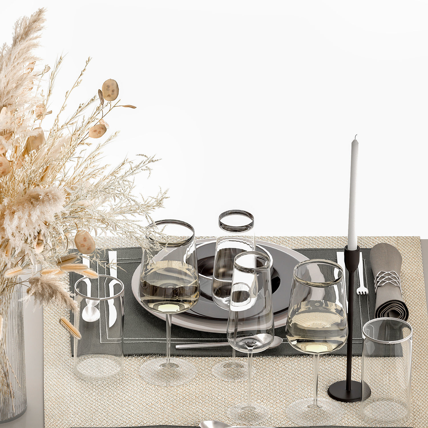Table Setting With A Bouquet Of Dried Flowers 3D model_4