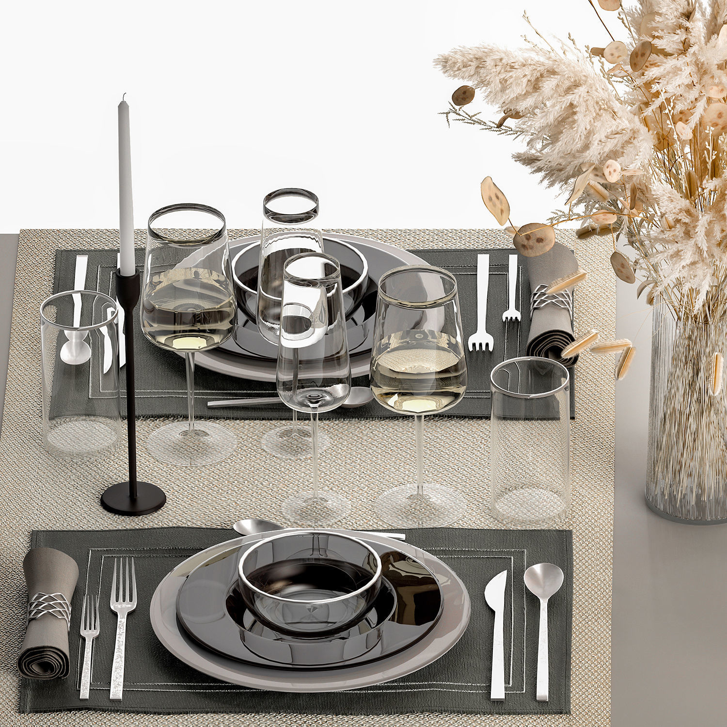 Table Setting With A Bouquet Of Dried Flowers 3D model_2