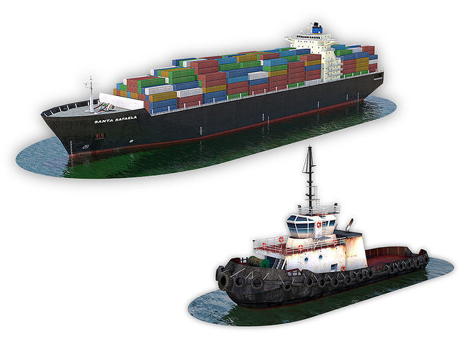 Cargo Ship and Tugboat 3D Model Collection