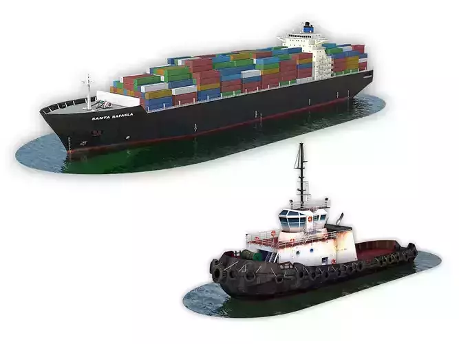 Cargo Ship and Tugboat 3D Model Collection