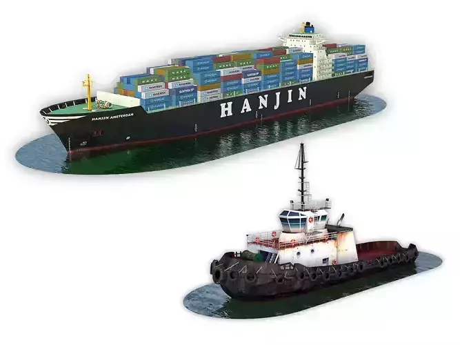 Cargo Ship Hanjin and Tugboat 3D Model Collection