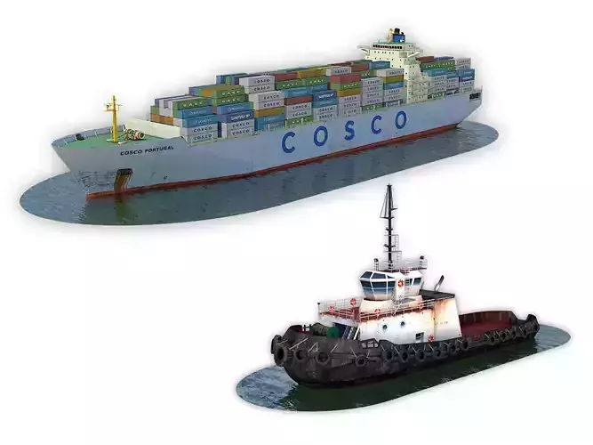 Cargo Ship COSCO and Tugboat 3D Model Collection