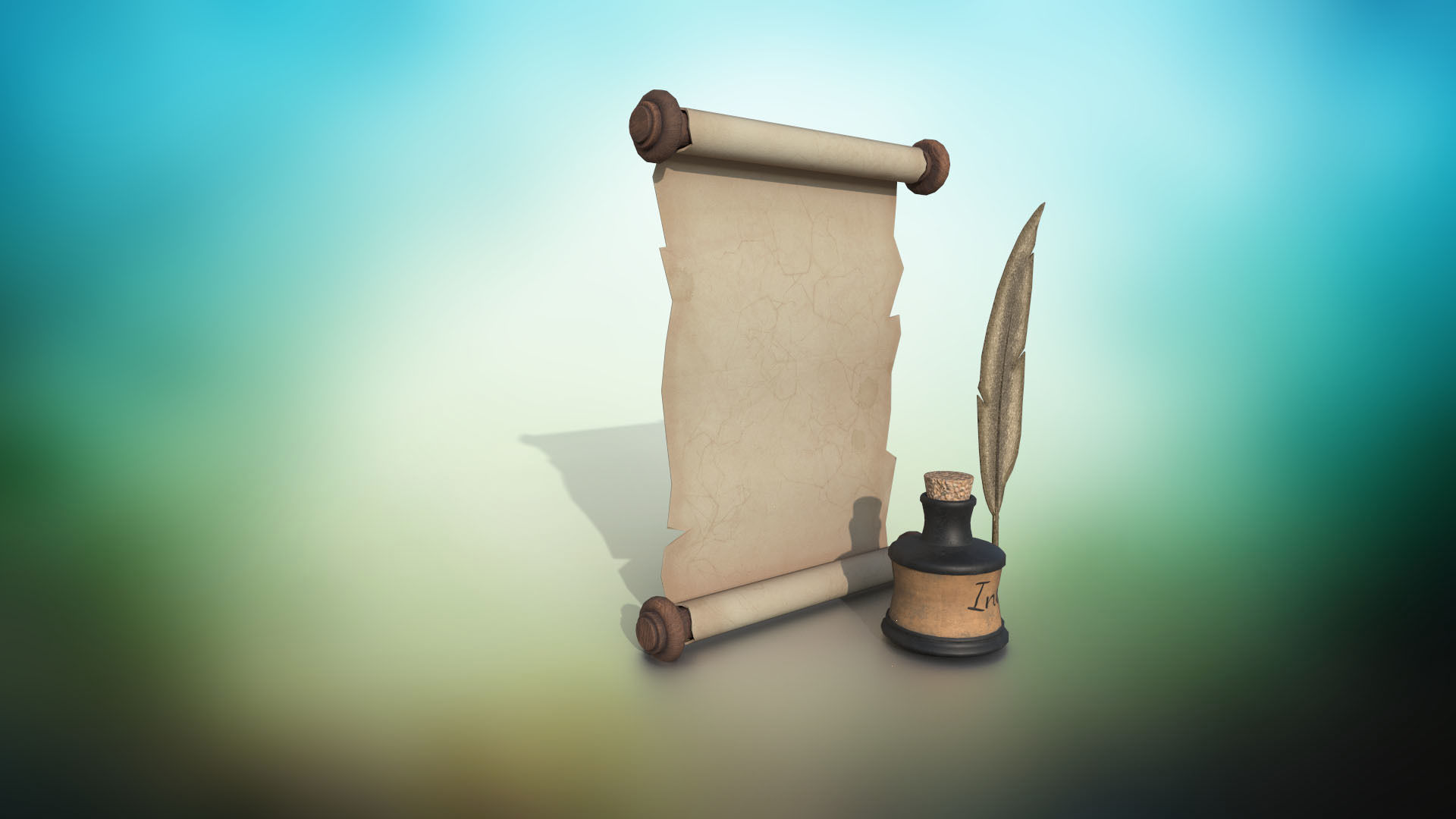 Set of scroll and inkwell with stopper and quill PBR low-poly  Low-poly 3D model_1