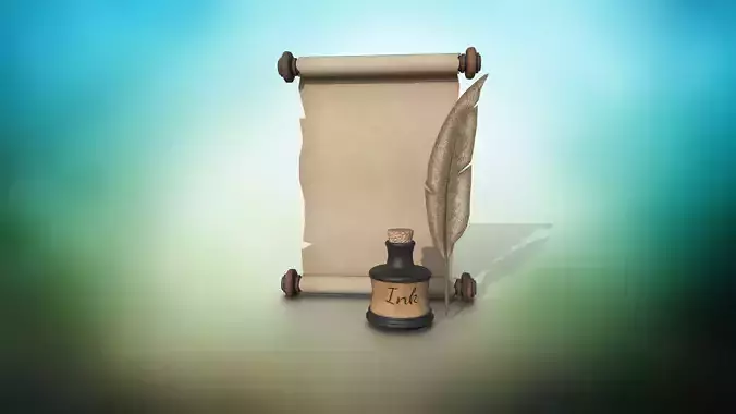 Set of scroll and inkwell with stopper and quill PBR low-poly  Low-poly 3D model