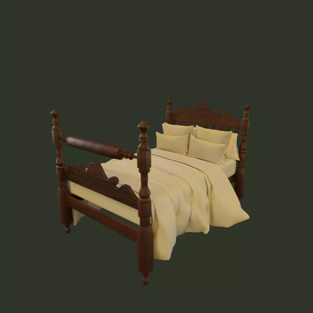 Antique Wooden Bed 3D model_0