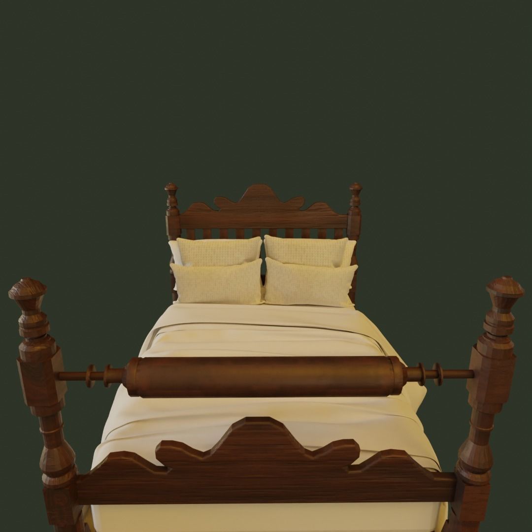 Antique Wooden Bed 3D model_2