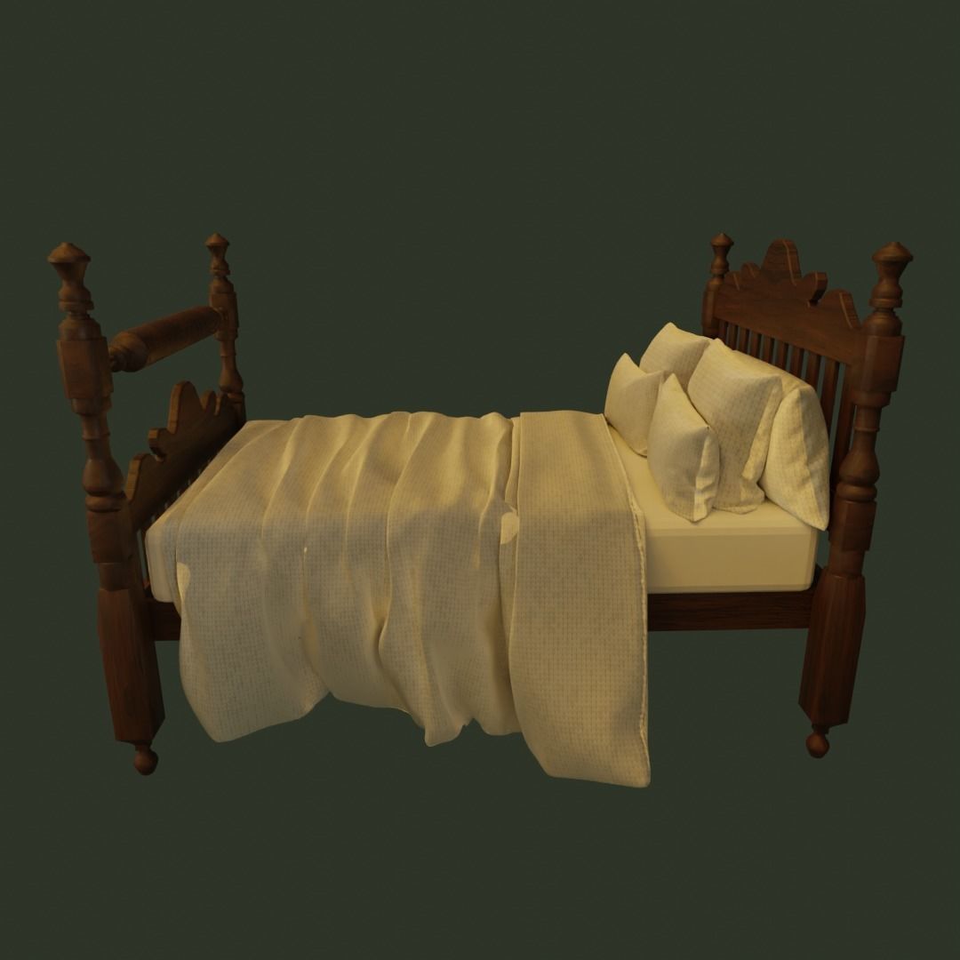 Antique Wooden Bed 3D model_1