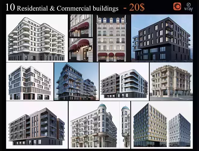 Residential and commercial buildings set - 3 3D Model Collection