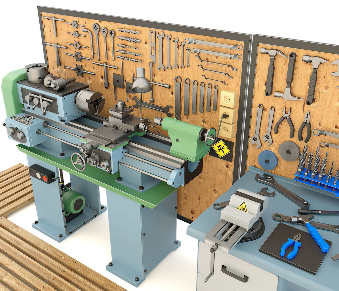 Industrial workbench garage tools and lathe machine 3D model_7