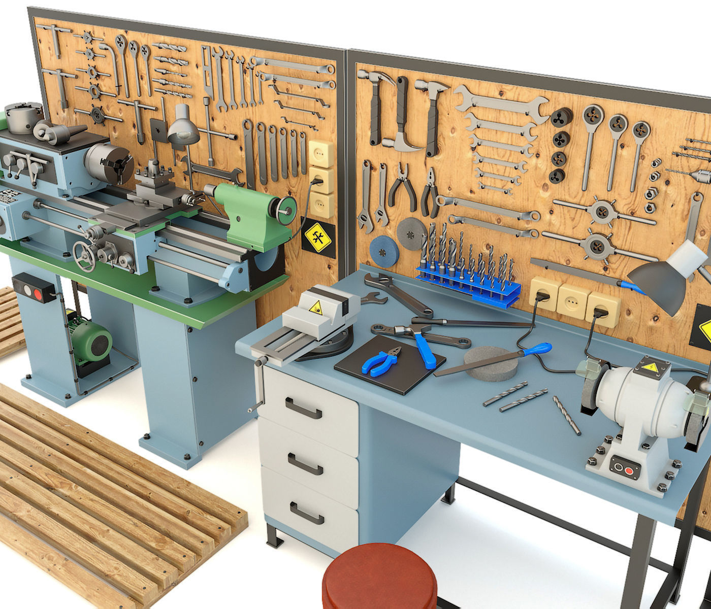 Industrial workbench garage tools and lathe machine 3D model_1