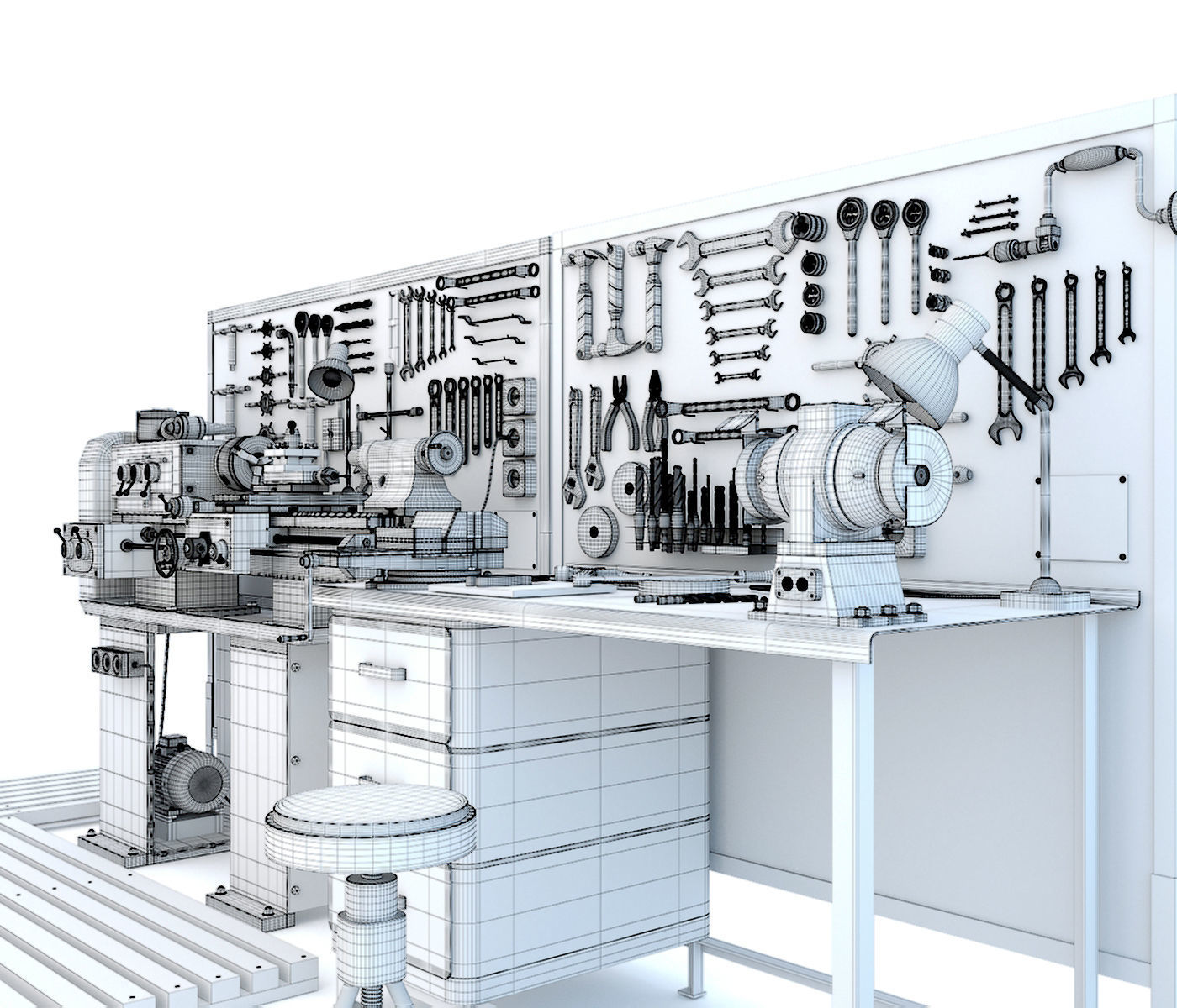 Industrial workbench garage tools and lathe machine 3D model_9
