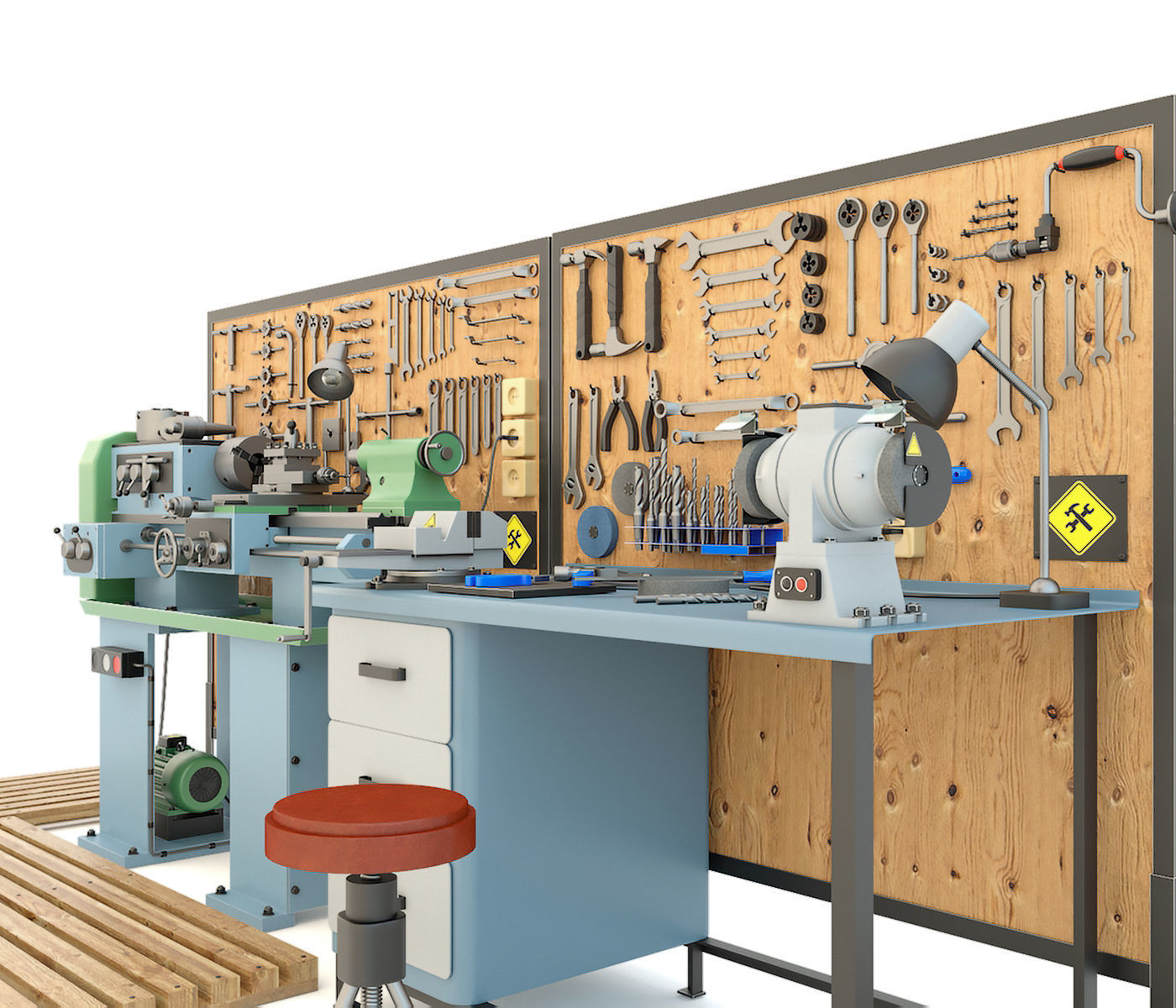 Industrial workbench garage tools and lathe machine 3D model_2