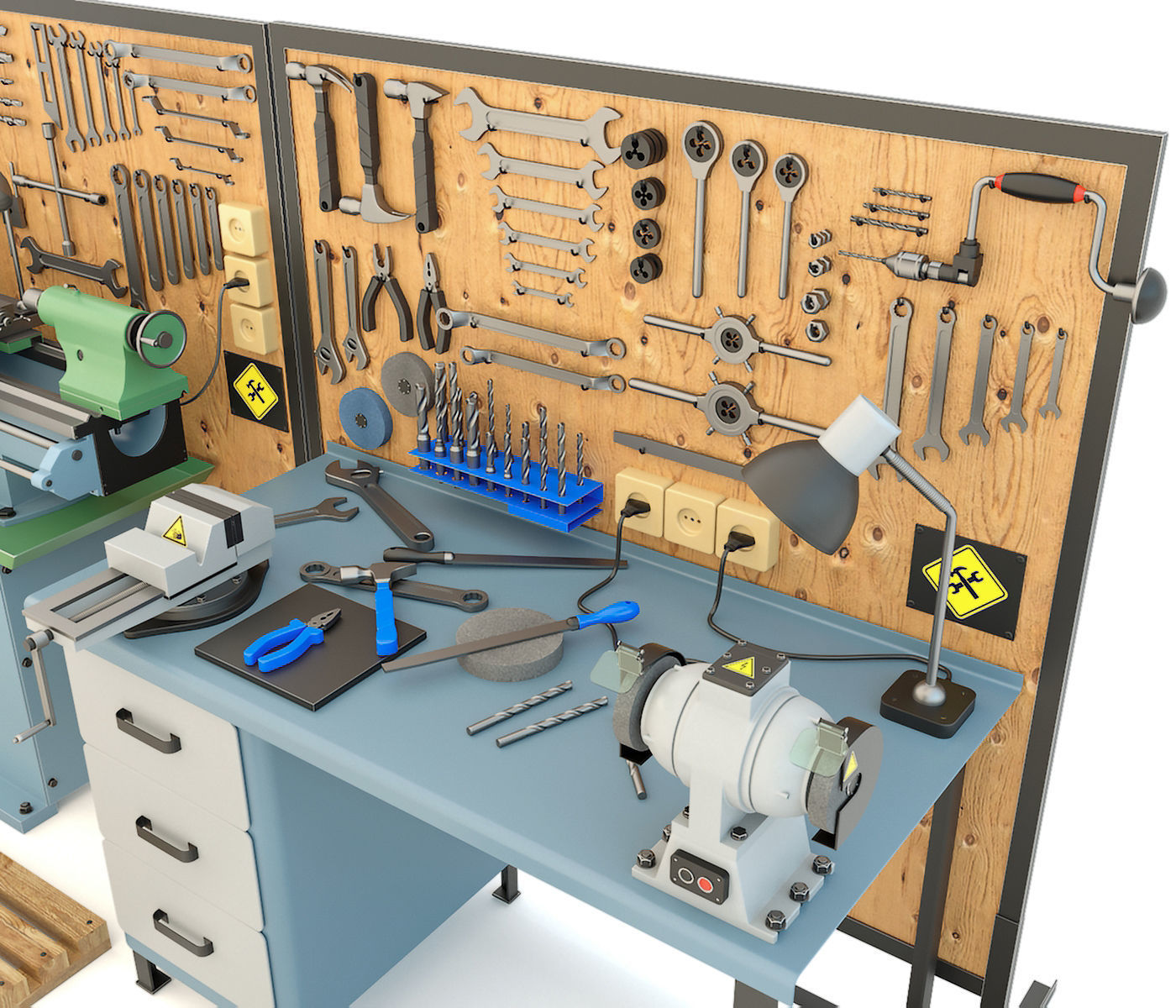 Industrial workbench garage tools and lathe machine 3D model_6