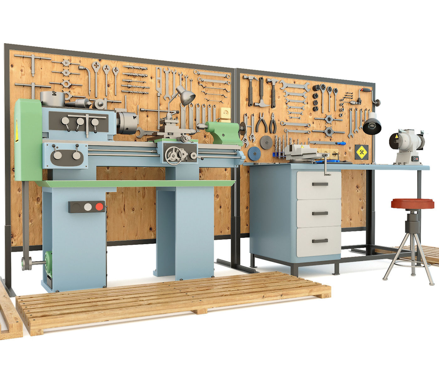 Industrial workbench garage tools and lathe machine 3D model_3