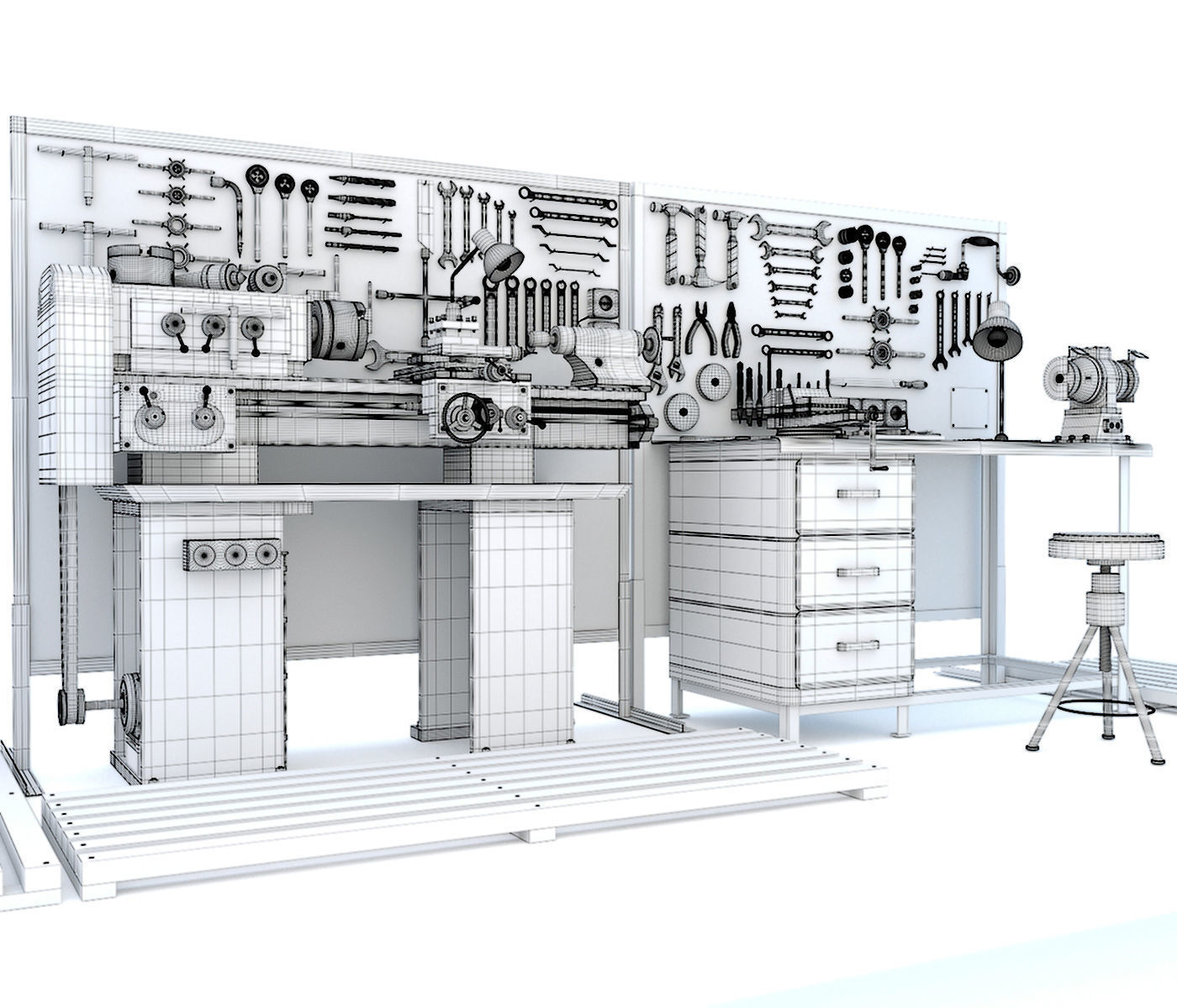 Industrial workbench garage tools and lathe machine 3D model_11