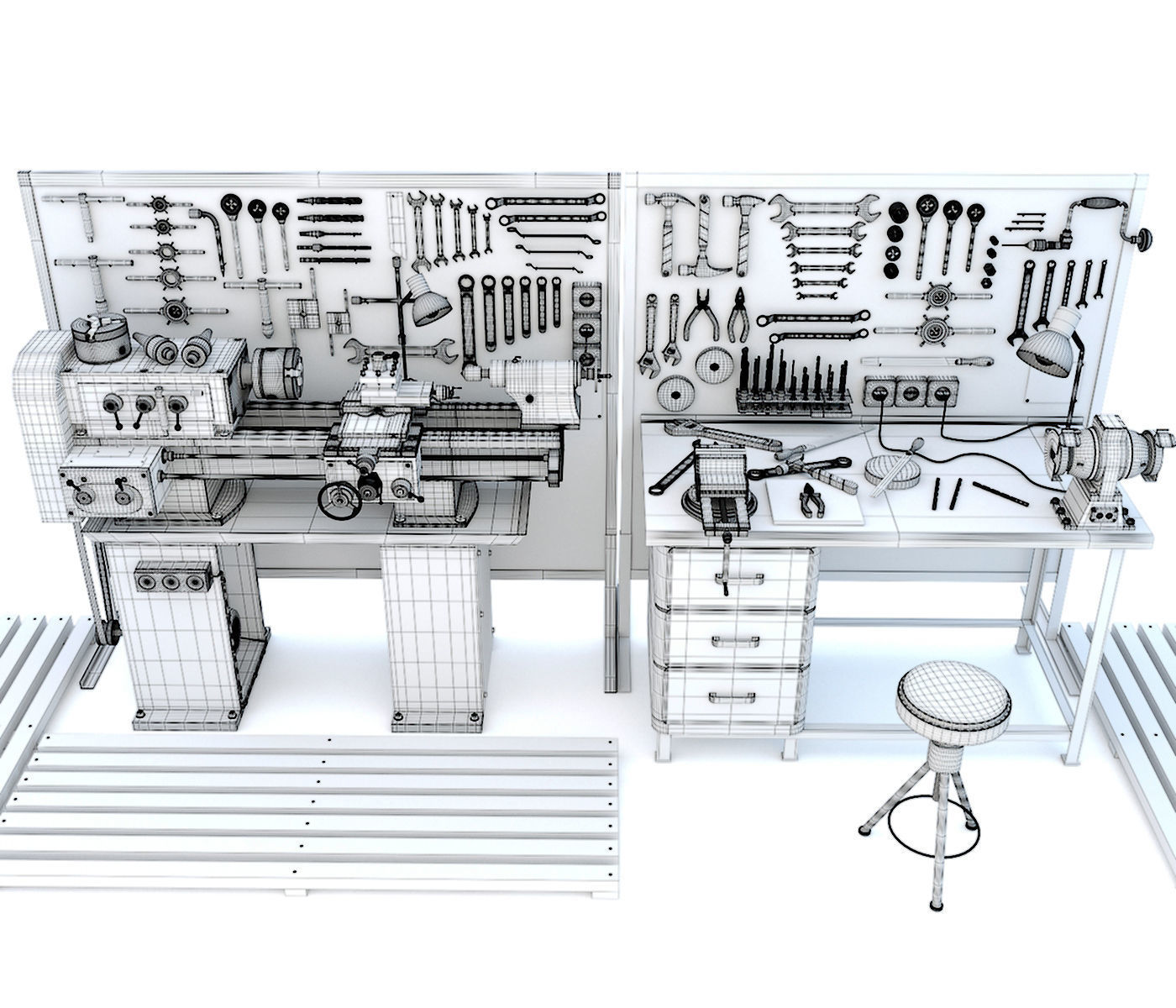 Industrial workbench garage tools and lathe machine 3D model_12