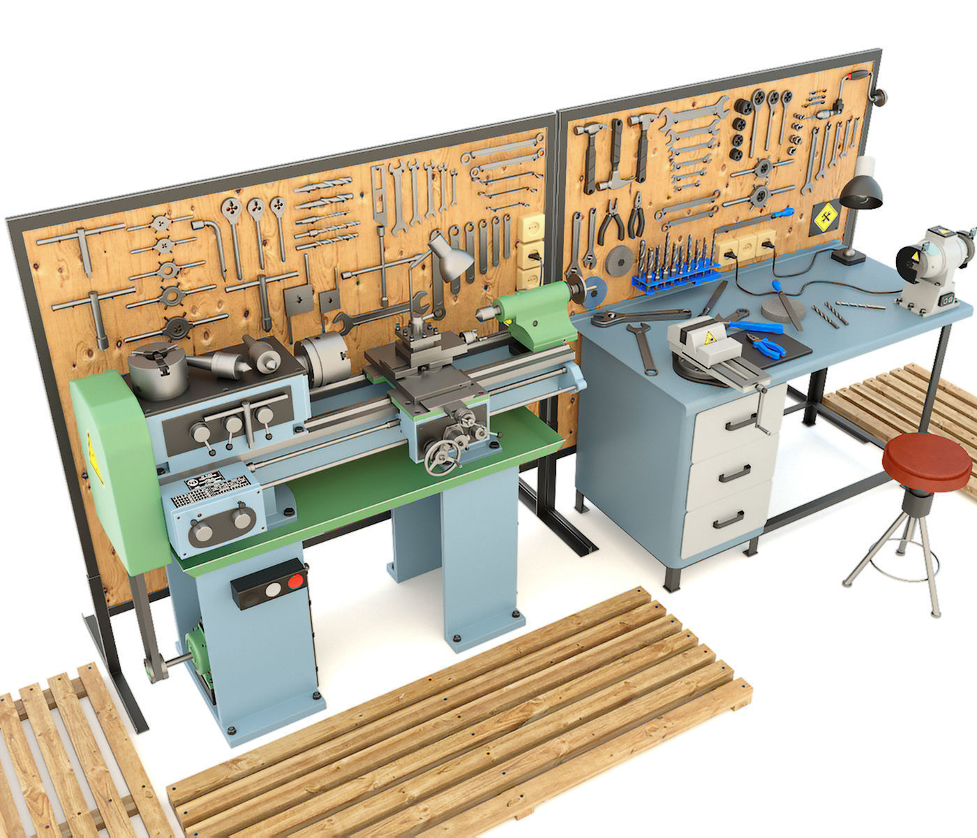 Industrial workbench garage tools and lathe machine 3D model_5