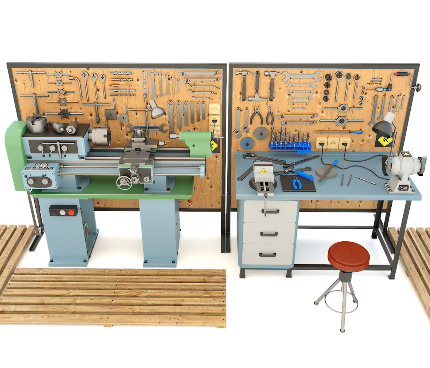 Industrial workbench garage tools and lathe machine 3D model_4