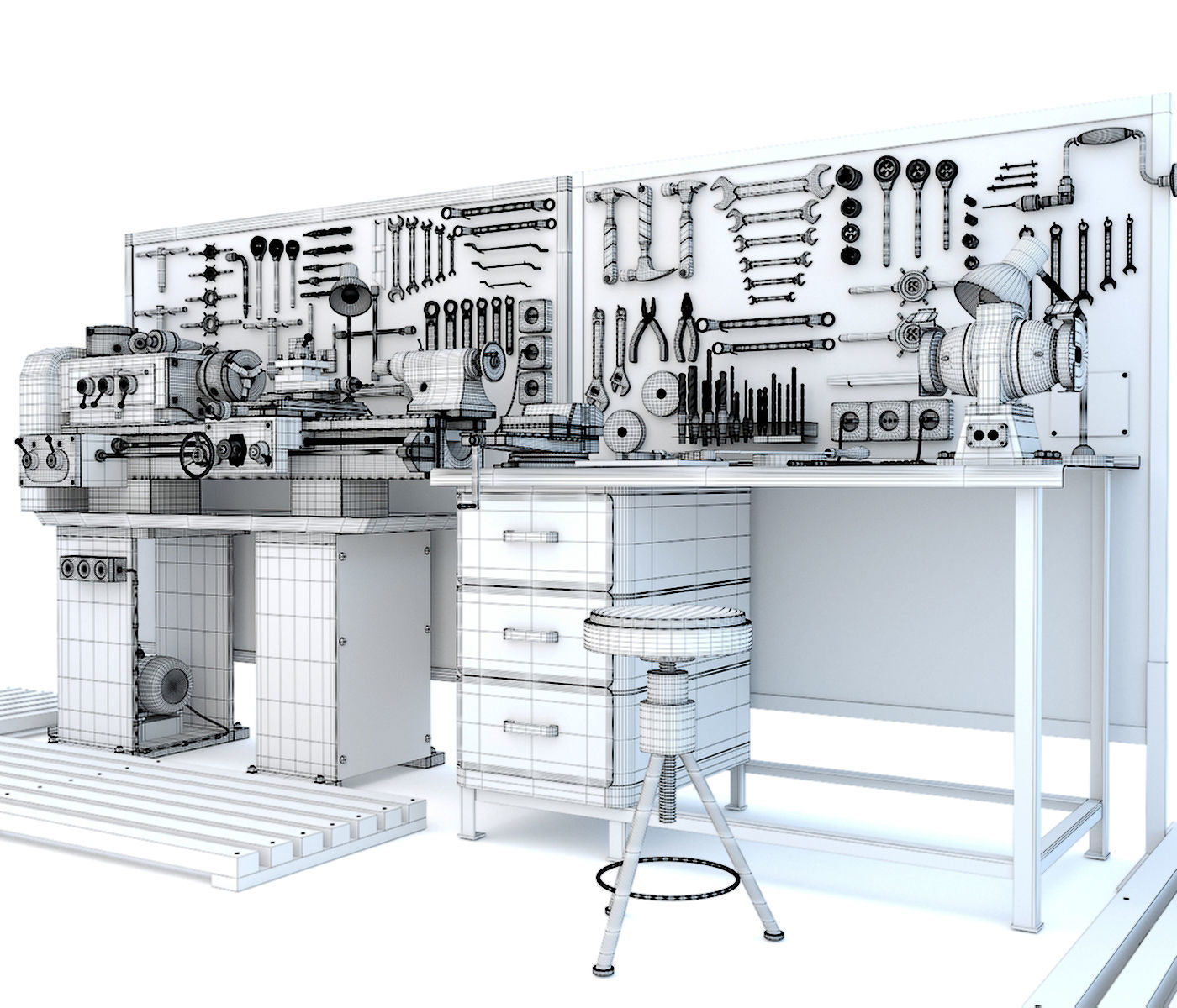 Industrial workbench garage tools and lathe machine 3D model_10