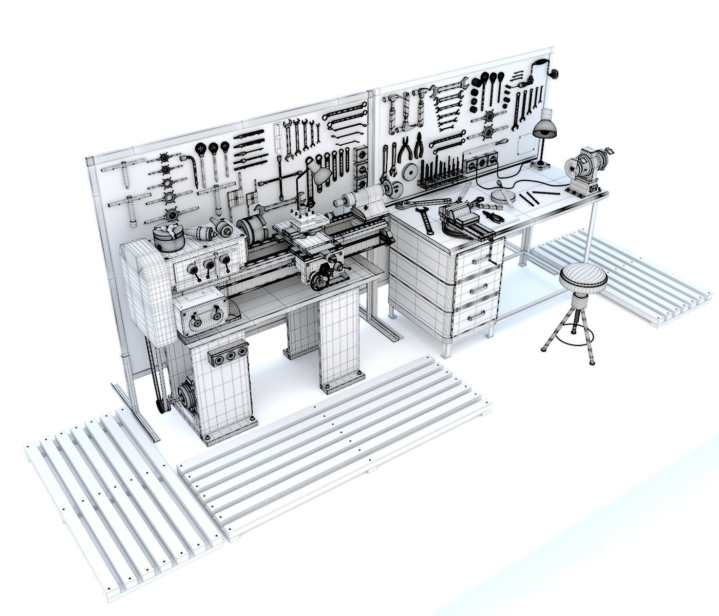 Industrial workbench garage tools and lathe machine 3D model_17