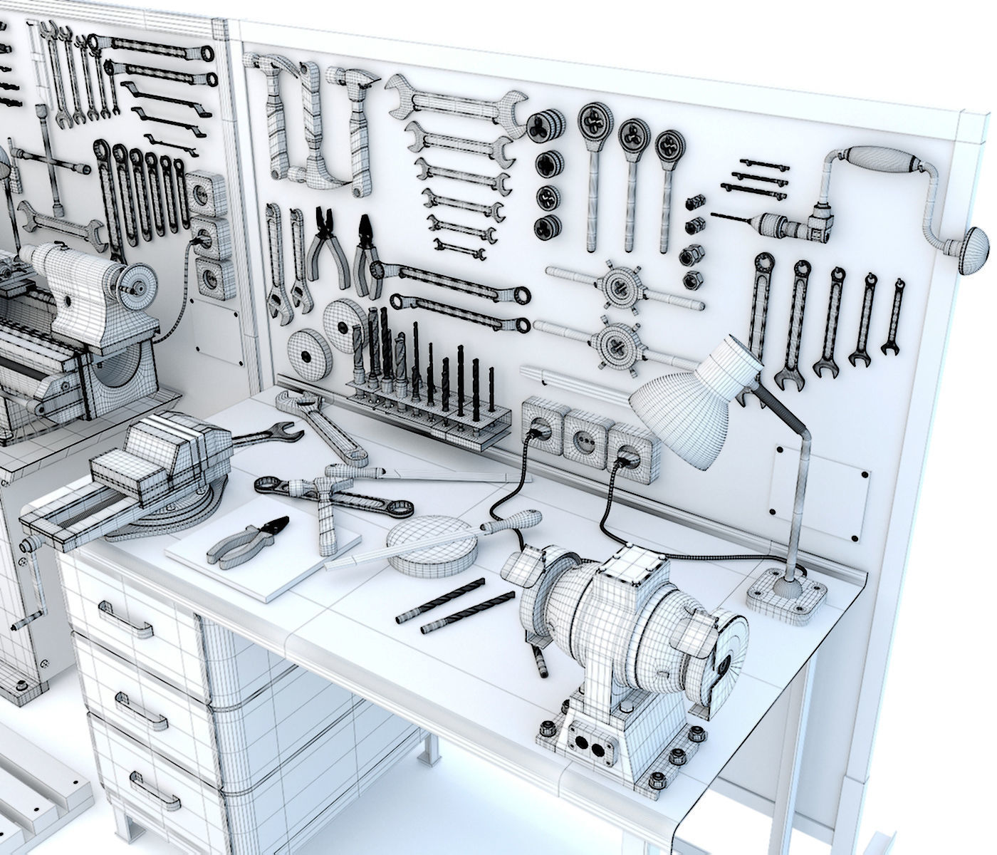 Industrial workbench garage tools and lathe machine 3D model_15