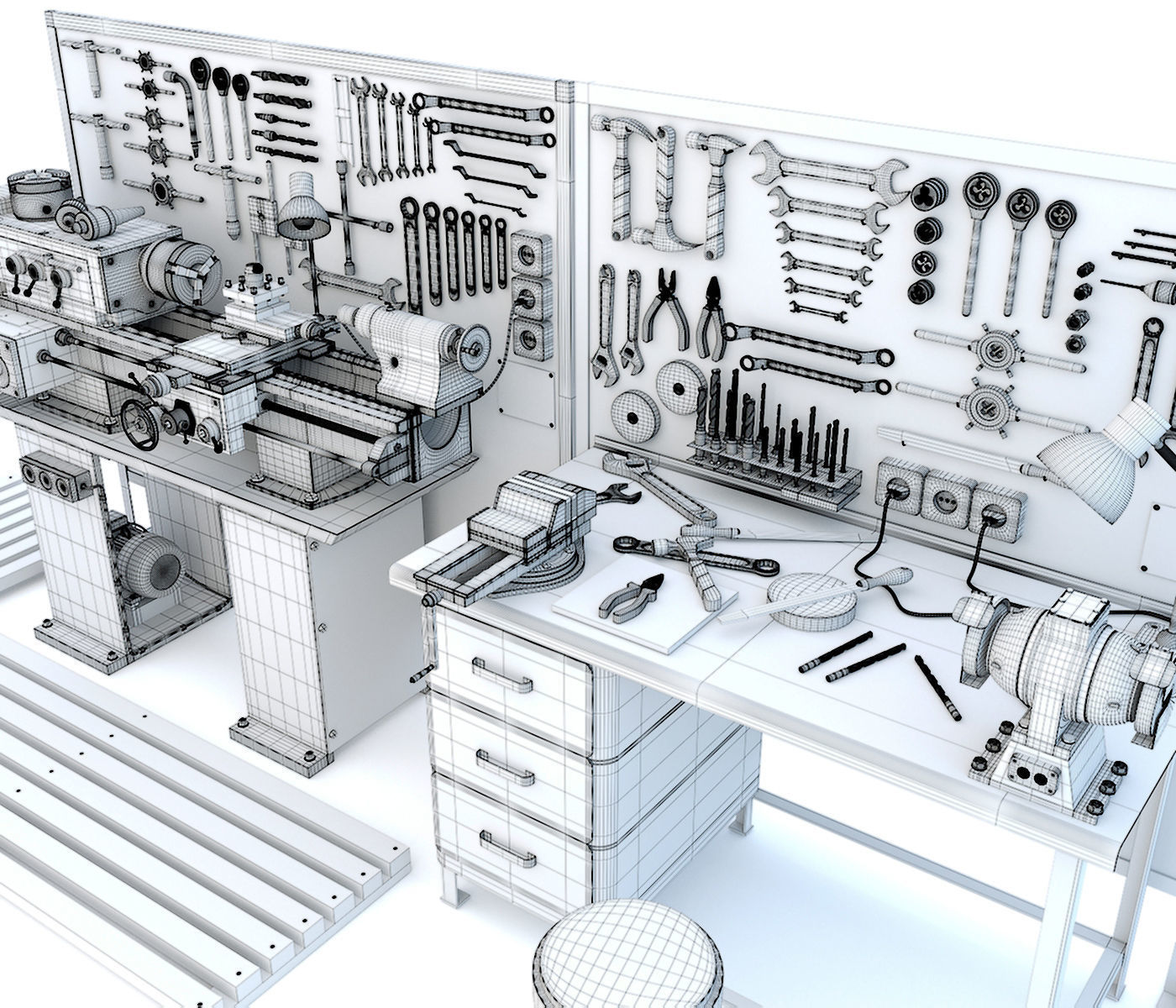 Industrial workbench garage tools and lathe machine 3D model_14