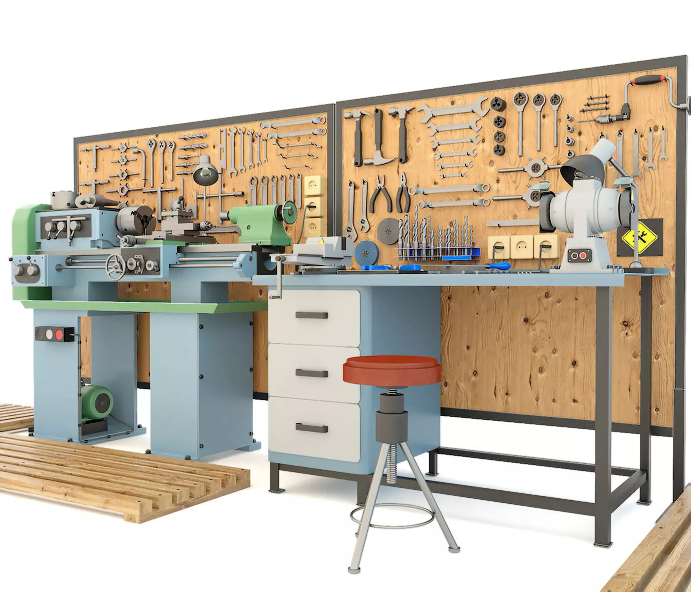 Industrial workbench garage tools and lathe machine 3D model_0