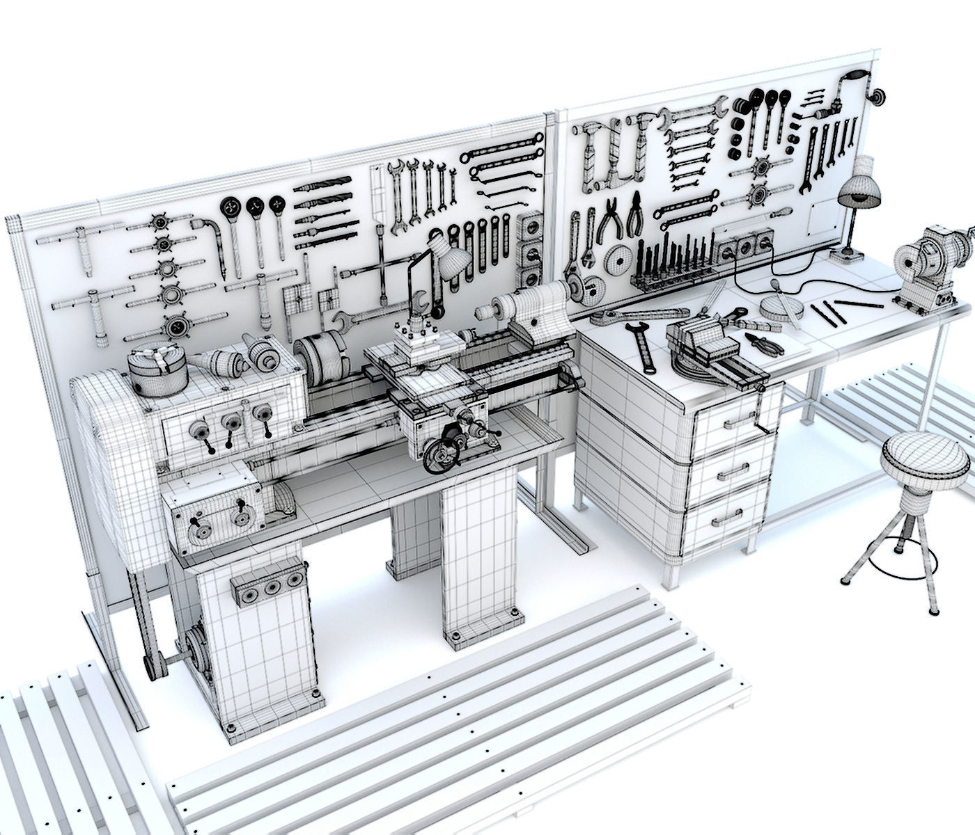 Industrial workbench garage tools and lathe machine 3D model_13