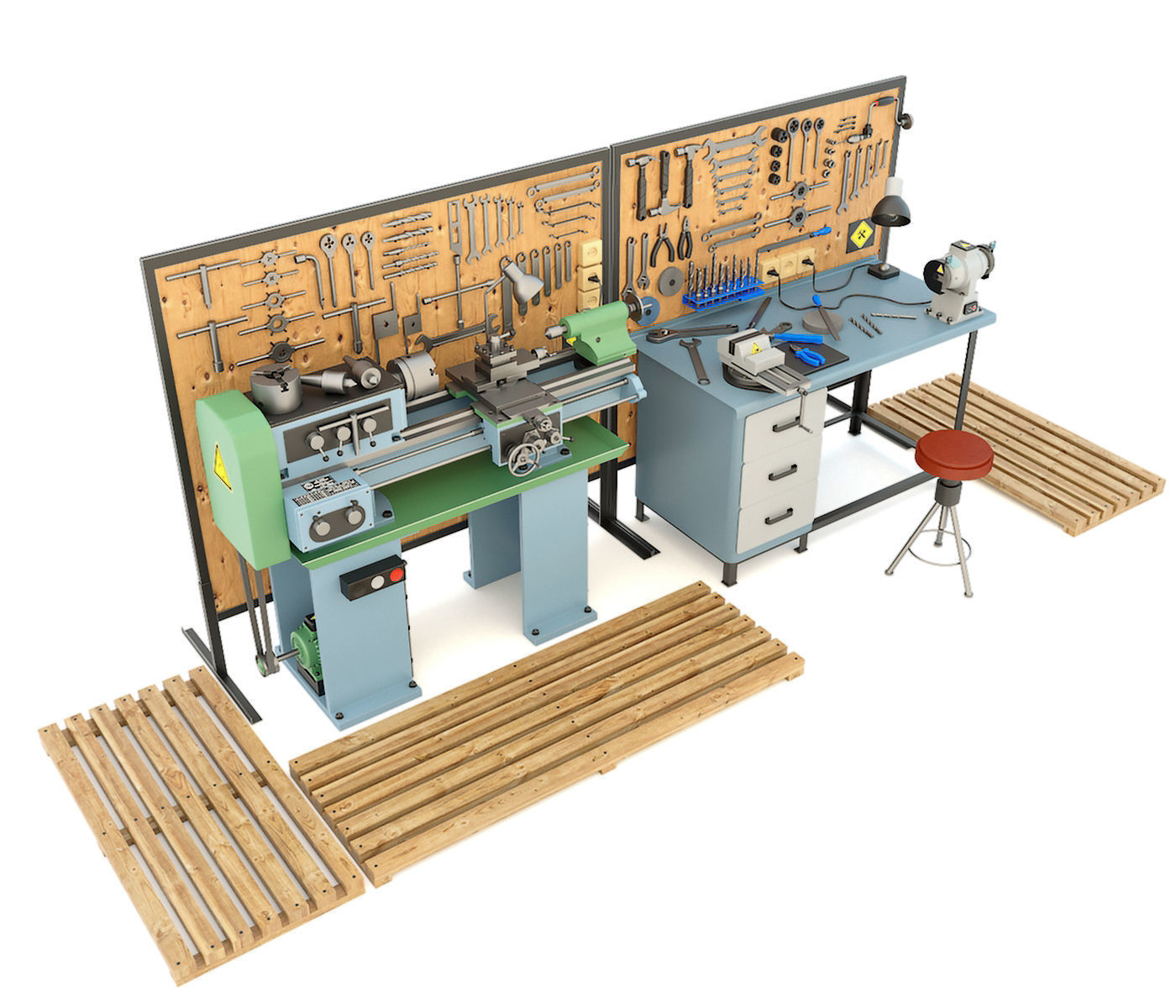 Industrial workbench garage tools and lathe machine 3D model_8