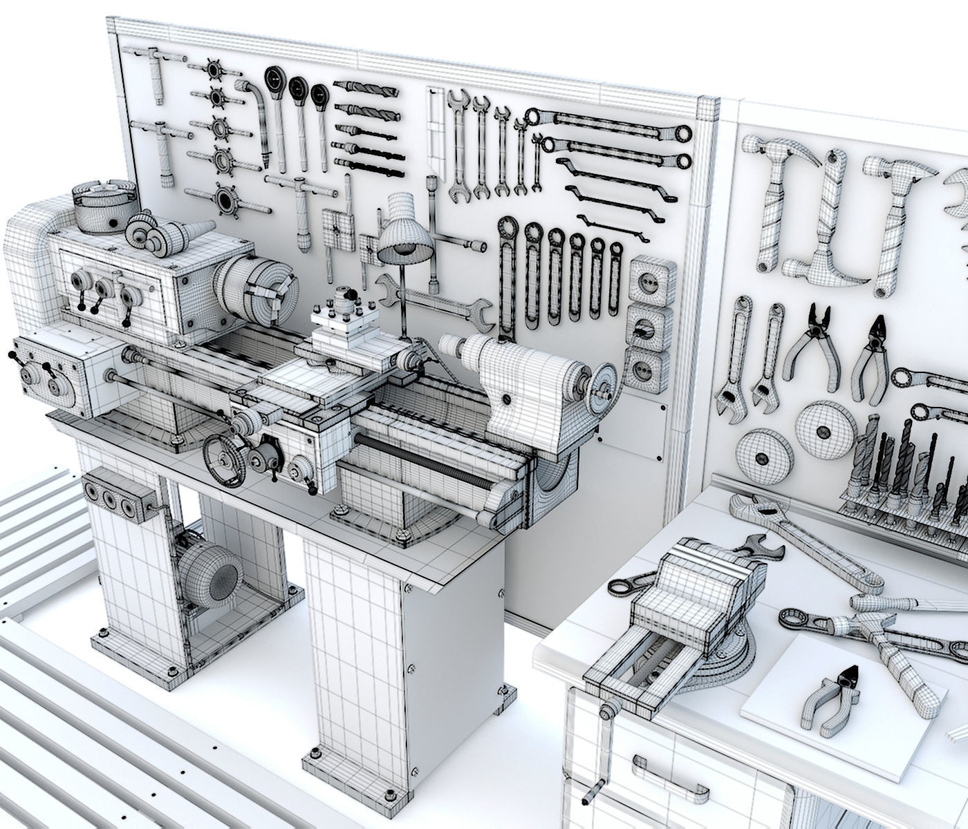 Industrial workbench garage tools and lathe machine 3D model_16