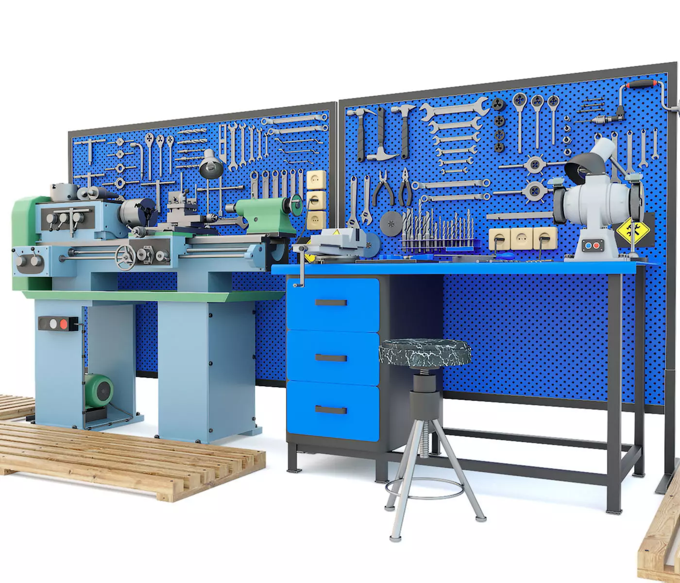 Industrial workbench garage tools and lathe machine 3D model