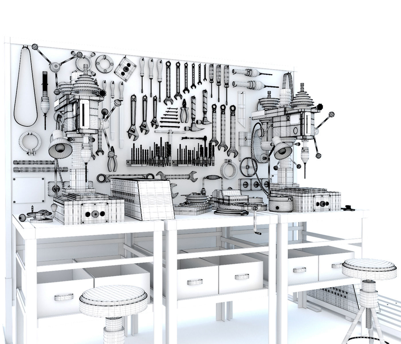 2M112 Drilling press and Industrial workbench garage tools 3D model_13